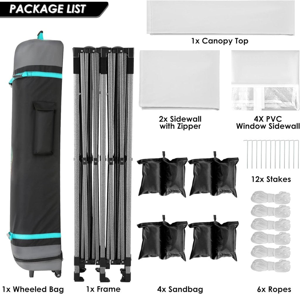 COBIZI 10x20 Heavy Duty Pop up Canopy Tent with 6 sidewalls Easy Up Commercial Outdoor Canopy Wedding Party Tents for Parties All Season Wind & Waterproof Gazebo with Roller Bag,Black(Frame Thickened) - Wigtrends