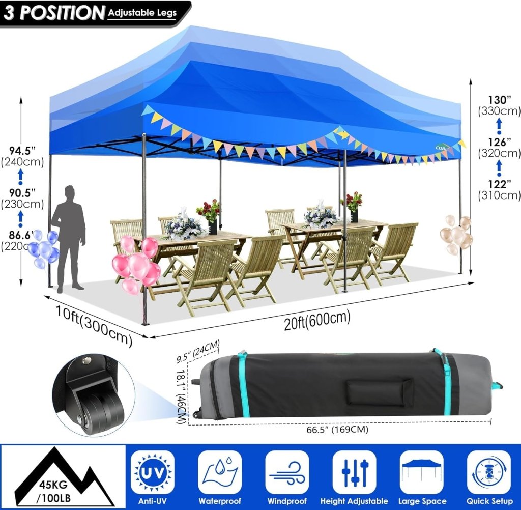 COBIZI 10x20 Heavy Duty Pop up Canopy Tent with 6 sidewalls Easy Up Commercial Outdoor Canopy Wedding Party Tents for Parties All Season Wind & Waterproof Gazebo with Roller Bag,Black(Frame Thickened) - Wigtrends