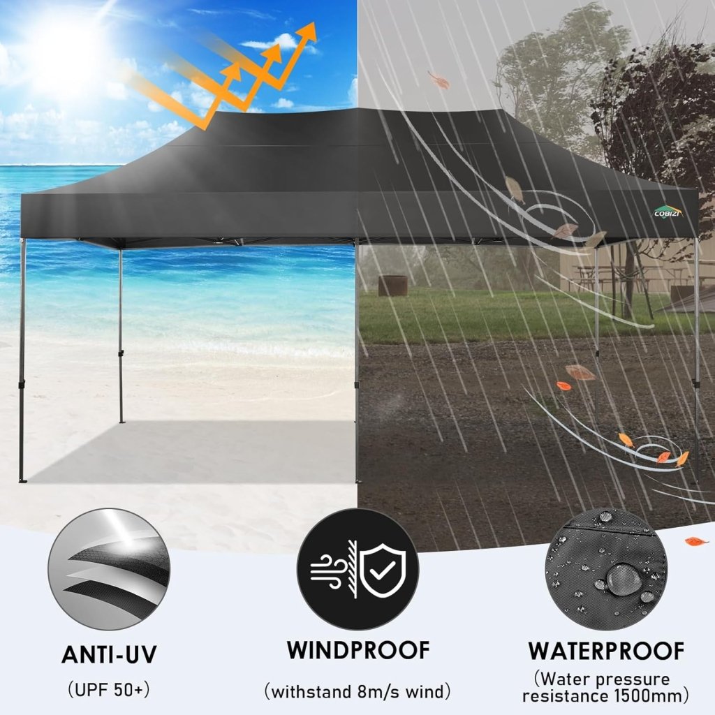 COBIZI 10x20 Heavy Duty Pop up Canopy Tent with 6 sidewalls Easy Up Commercial Outdoor Canopy Wedding Party Tents for Parties All Season Wind & Waterproof Gazebo with Roller Bag,Black(Frame Thickened) - Wigtrends