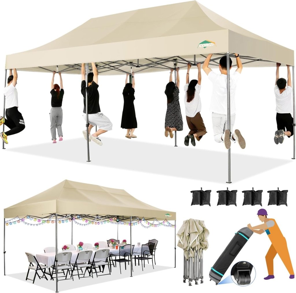 COBIZI 10x20 Heavy Duty Pop up Canopy Tent with 6 sidewalls Easy Up Commercial Outdoor Canopy Wedding Party Tents for Parties All Season Wind & Waterproof Gazebo with Roller Bag,Black(Frame Thickened) - Wigtrends