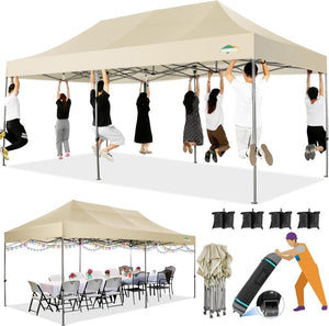 COBIZI 10x20 Heavy Duty Pop up Canopy Tent with 6 sidewalls Easy Up Commercial Outdoor Canopy Wedding Party Tents for Parties All Season Wind & Waterproof Gazebo with Roller Bag,Black(Frame Thickened) - Wigtrends