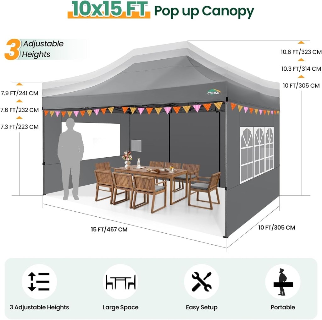 COBIZI 10x20 Heavy Duty Pop up Canopy Tent with 6 sidewalls Easy Up Commercial Outdoor Canopy Wedding Party Tents for Parties All Season Wind & Waterproof Gazebo with Roller Bag,Black(Frame Thickened) - Wigtrends