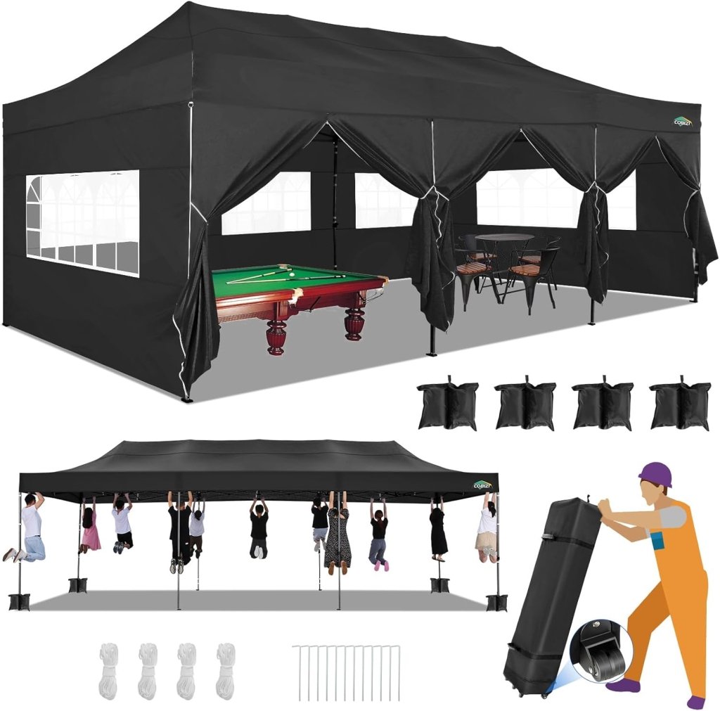 COBIZI 10x20 Heavy Duty Pop up Canopy Tent with 6 sidewalls Easy Up Commercial Outdoor Canopy Wedding Party Tents for Parties All Season Wind & Waterproof Gazebo with Roller Bag,Black(Frame Thickened) - Wigtrends