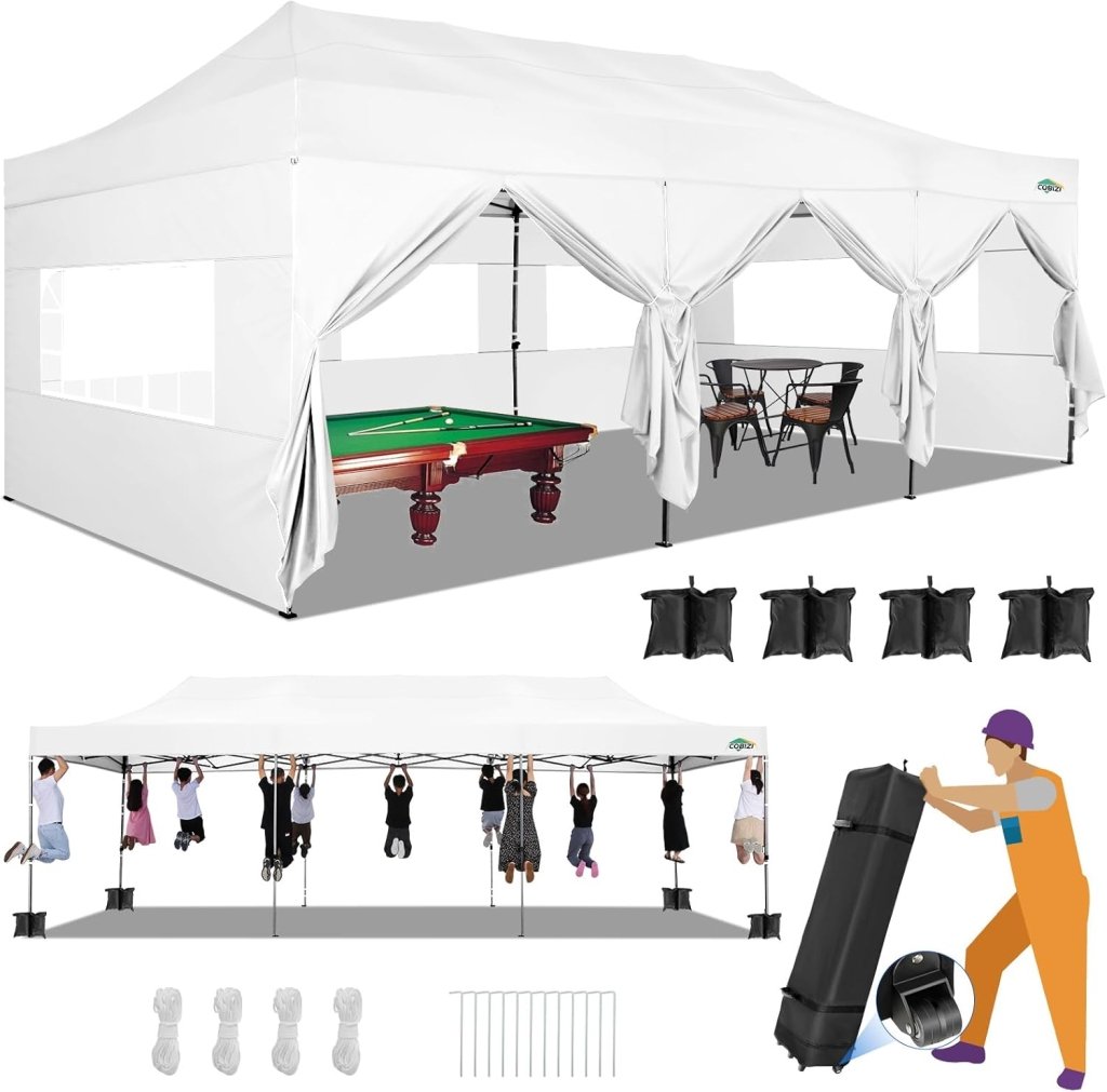 COBIZI 10x20 Heavy Duty Pop up Canopy Tent with 6 sidewalls Easy Up Commercial Outdoor Canopy Wedding Party Tents for Parties All Season Wind & Waterproof Gazebo with Roller Bag,Black(Frame Thickened) - Wigtrends