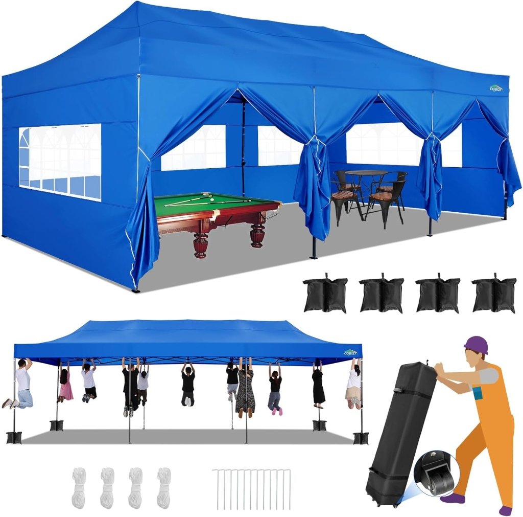 COBIZI 10x20 Heavy Duty Pop up Canopy Tent with 6 sidewalls Easy Up Commercial Outdoor Canopy Wedding Party Tents for Parties All Season Wind & Waterproof Gazebo with Roller Bag,Black(Frame Thickened) - Wigtrends
