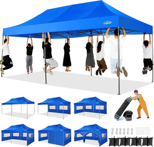 COBIZI 10x20 Heavy Duty Pop up Canopy Tent with 6 sidewalls Easy Up Commercial Outdoor Canopy Wedding Party Tents for Parties All Season Wind & Waterproof Gazebo with Roller Bag,Black(Frame Thickened) - Wigtrends