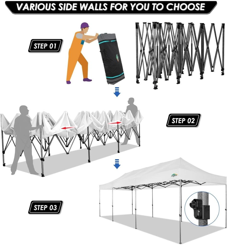 COBIZI 10x20 Heavy Duty Pop up Canopy Tent with 6 sidewalls Easy Up Commercial Outdoor Canopy Wedding Party Tents for Parties All Season Wind & Waterproof Gazebo with Roller Bag,Black(Frame Thickened) - Wigtrends