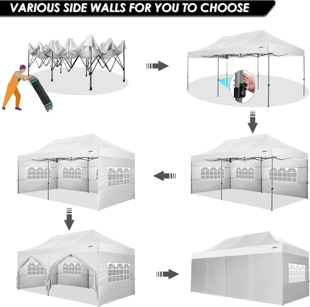 COBIZI 10x20 Heavy Duty Pop up Canopy Tent with 6 sidewalls Easy Up Commercial Outdoor Canopy Wedding Party Tents for Parties All Season Wind & Waterproof Gazebo with Roller Bag,Black(Frame Thickened) - Wigtrends