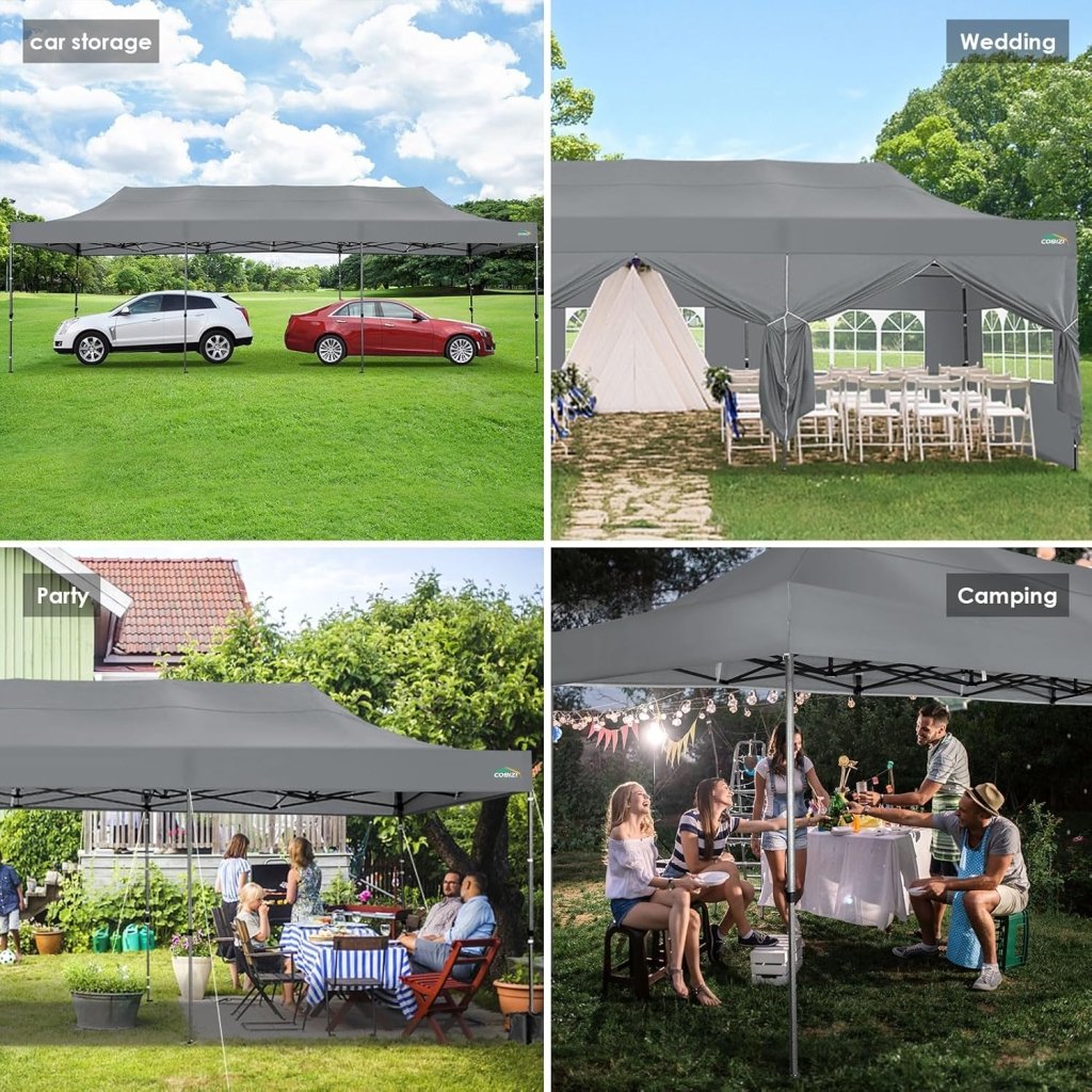 COBIZI 10x20 Heavy Duty Pop up Canopy Tent with 6 sidewalls Easy Up Commercial Outdoor Canopy Wedding Party Tents for Parties All Season Wind & Waterproof Gazebo with Roller Bag,Black(Frame Thickened) - Wigtrends