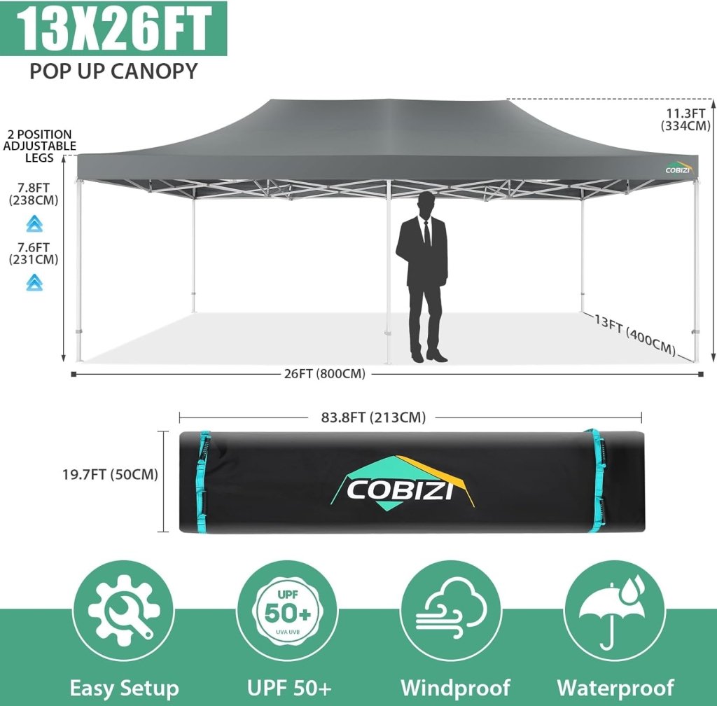 COBIZI 10x20 Heavy Duty Pop up Canopy Tent with 6 sidewalls Easy Up Commercial Outdoor Canopy Wedding Party Tents for Parties All Season Wind & Waterproof Gazebo with Roller Bag,Black(Frame Thickened) - Wigtrends