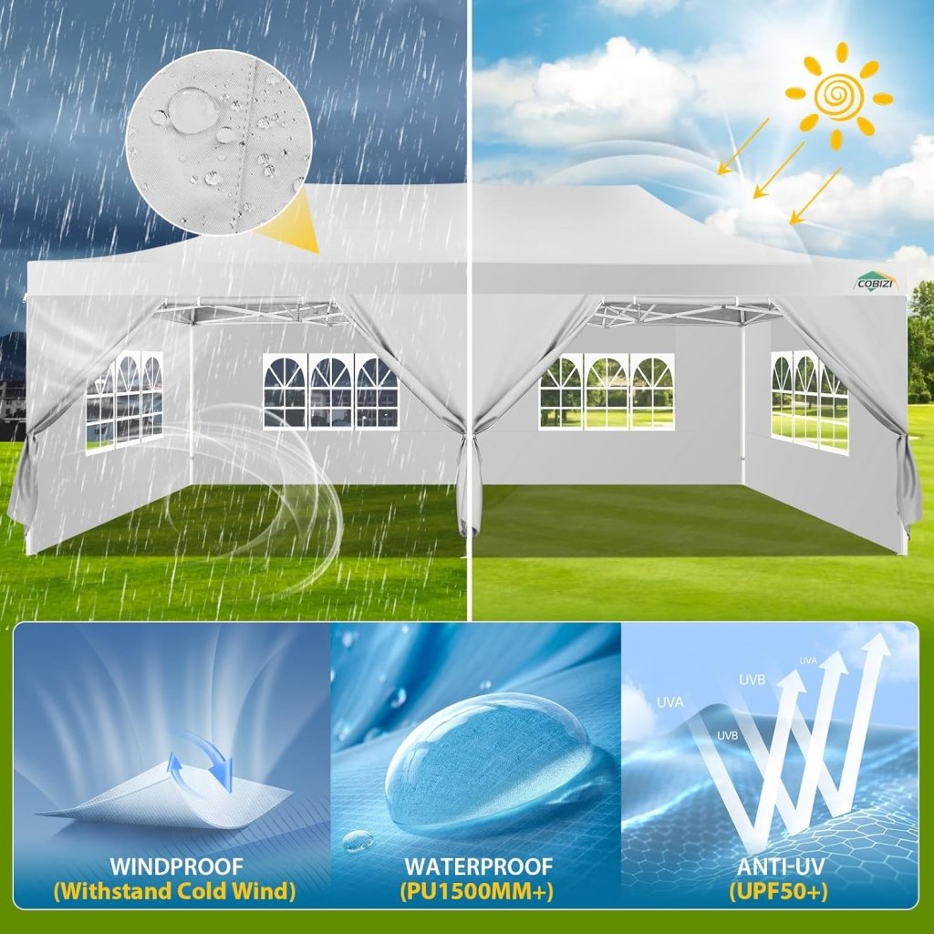 COBIZI 10x20 Heavy Duty Pop up Canopy Tent with 6 sidewalls Easy Up Commercial Outdoor Canopy Wedding Party Tents for Parties All Season Wind & Waterproof Gazebo with Roller Bag,Black(Frame Thickened) - Wigtrends