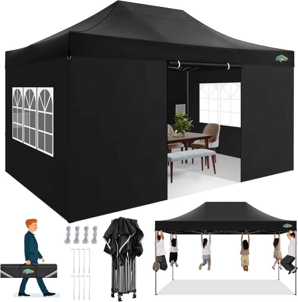 COBIZI 10x20 Heavy Duty Pop up Canopy Tent with 6 sidewalls Easy Up Commercial Outdoor Canopy Wedding Party Tents for Parties All Season Wind & Waterproof Gazebo with Roller Bag,Black(Frame Thickened) - Wigtrends