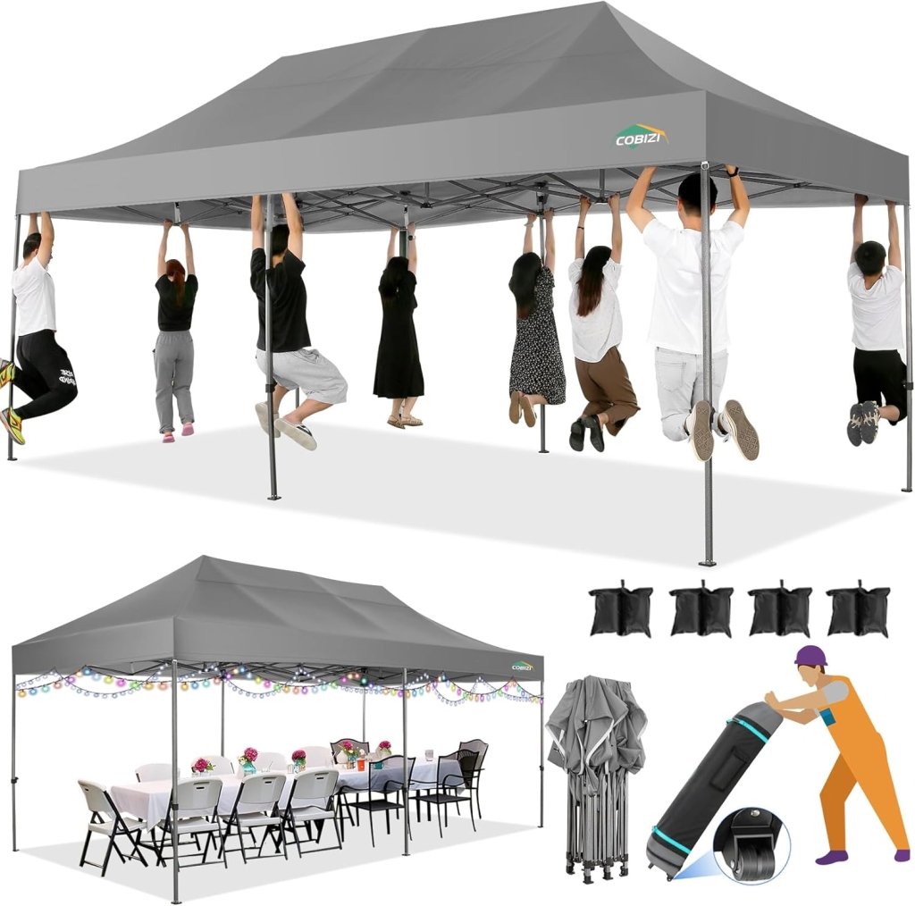 COBIZI 10x20 Heavy Duty Pop up Canopy Tent with 6 sidewalls Easy Up Commercial Outdoor Canopy Wedding Party Tents for Parties All Season Wind & Waterproof Gazebo with Roller Bag,Black(Frame Thickened) - Wigtrends