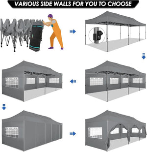 COBIZI 10x20 Heavy Duty Pop up Canopy Tent with 6 sidewalls Easy Up Commercial Outdoor Canopy Wedding Party Tents for Parties All Season Wind & Waterproof Gazebo with Roller Bag,Black(Frame Thickened) - Wigtrends
