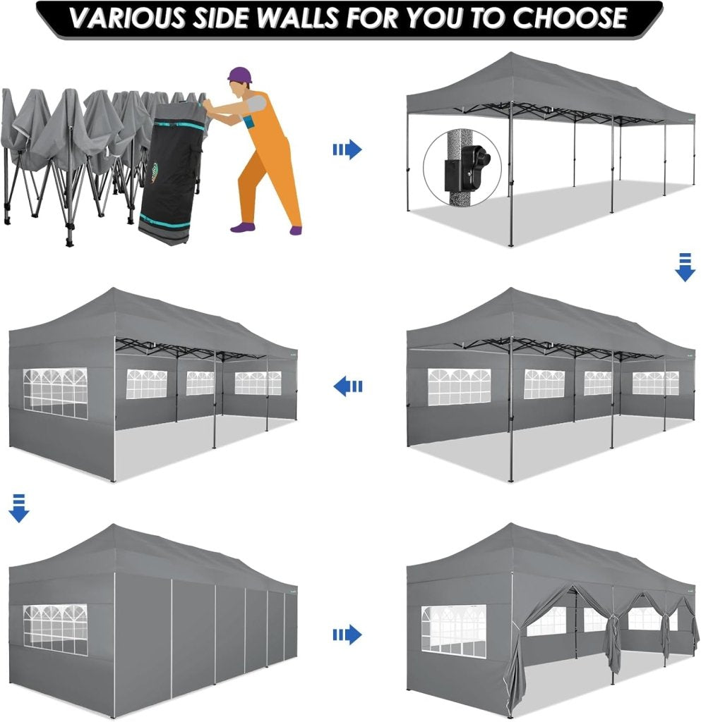 COBIZI 10x20 Heavy Duty Pop up Canopy Tent with 6 sidewalls Easy Up Commercial Outdoor Canopy Wedding Party Tents for Parties All Season Wind & Waterproof Gazebo with Roller Bag,Black(Frame Thickened) - Wigtrends
