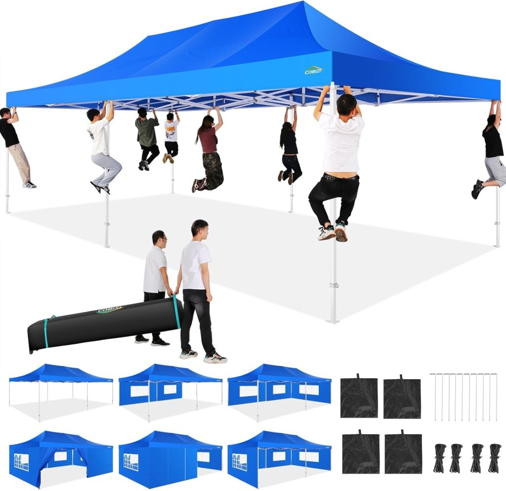 COBIZI 10x20 Heavy Duty Pop up Canopy Tent with 6 sidewalls Easy Up Commercial Outdoor Canopy Wedding Party Tents for Parties All Season Wind & Waterproof Gazebo with Roller Bag,Black(Frame Thickened) - Wigtrends