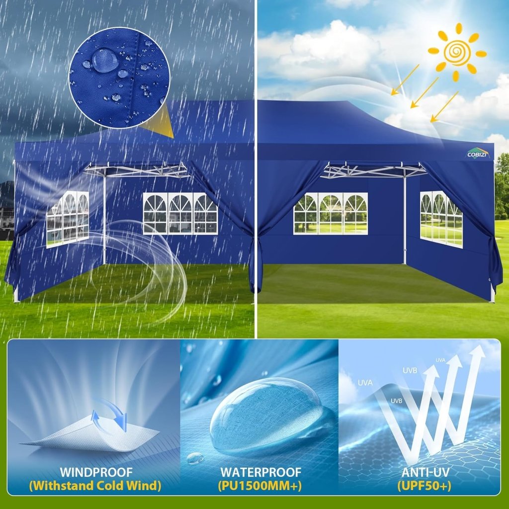 COBIZI 10x20 Heavy Duty Pop up Canopy Tent with 6 sidewalls Easy Up Commercial Outdoor Canopy Wedding Party Tents for Parties All Season Wind & Waterproof Gazebo with Roller Bag,Black(Frame Thickened) - Wigtrends