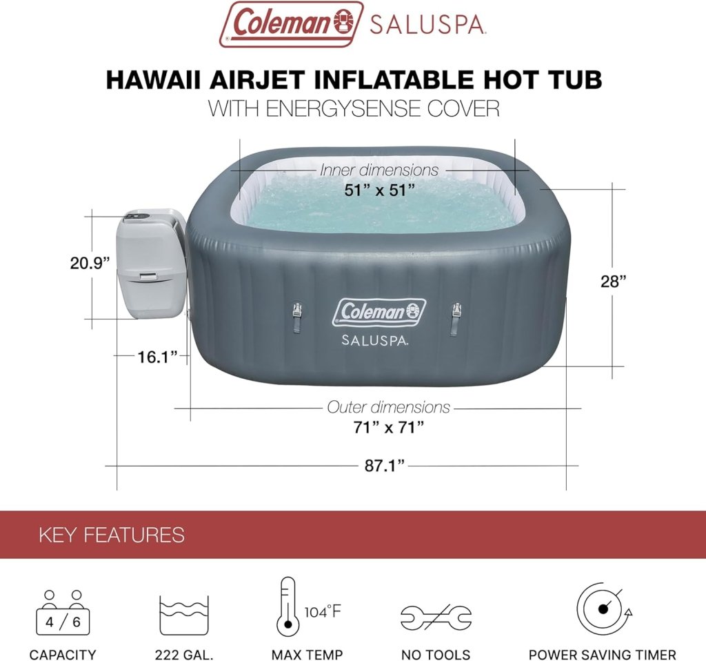 Coleman SaluSpa Atlantis AirJet 4 to 6 Person Inflatable Hot Tub Square Portable Outdoor Spa with 140 Soothing Jets with Cover, Blue - Wigtrends