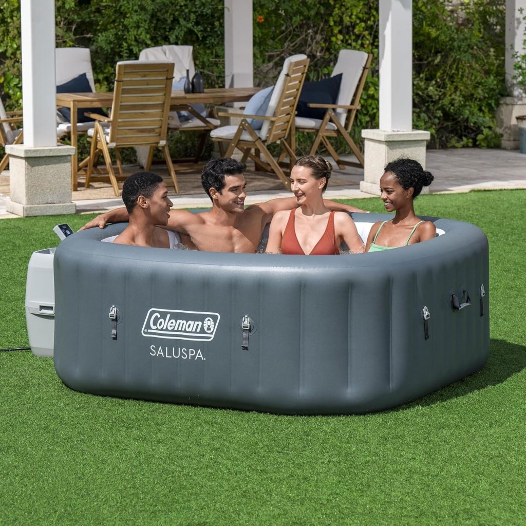Coleman SaluSpa Atlantis AirJet 4 to 6 Person Inflatable Hot Tub Square Portable Outdoor Spa with 140 Soothing Jets with Cover, Blue - Wigtrends