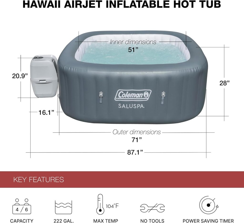 Coleman SaluSpa Atlantis AirJet 4 to 6 Person Inflatable Hot Tub Square Portable Outdoor Spa with 140 Soothing Jets with Cover, Blue - Wigtrends