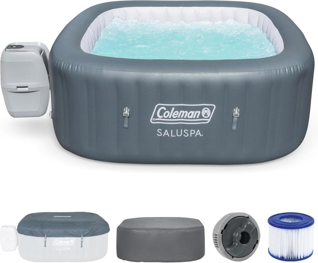 Coleman SaluSpa Atlantis AirJet 4 to 6 Person Inflatable Hot Tub Square Portable Outdoor Spa with 140 Soothing Jets with Cover, Blue - Wigtrends