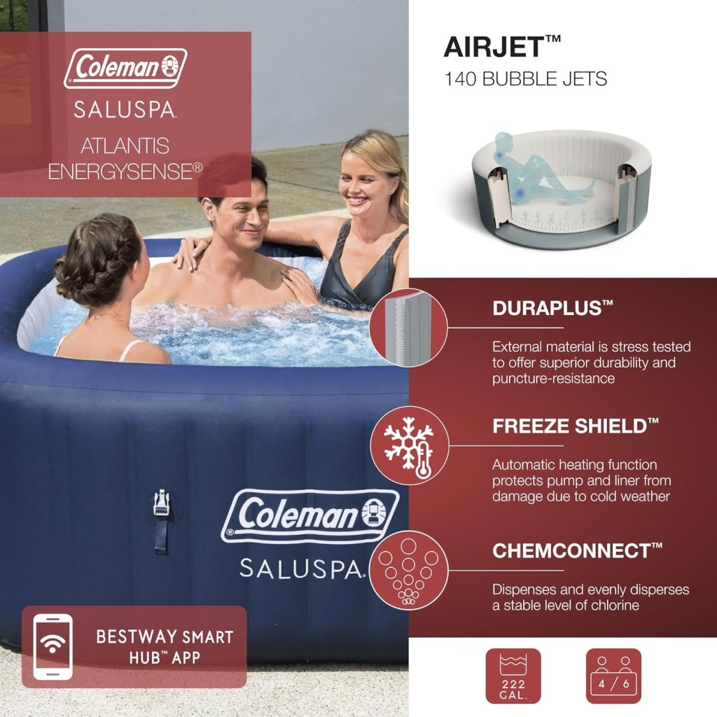 Coleman SaluSpa Atlantis AirJet 4 to 6 Person Inflatable Hot Tub Square Portable Outdoor Spa with 140 Soothing Jets with Cover, Blue - Wigtrends
