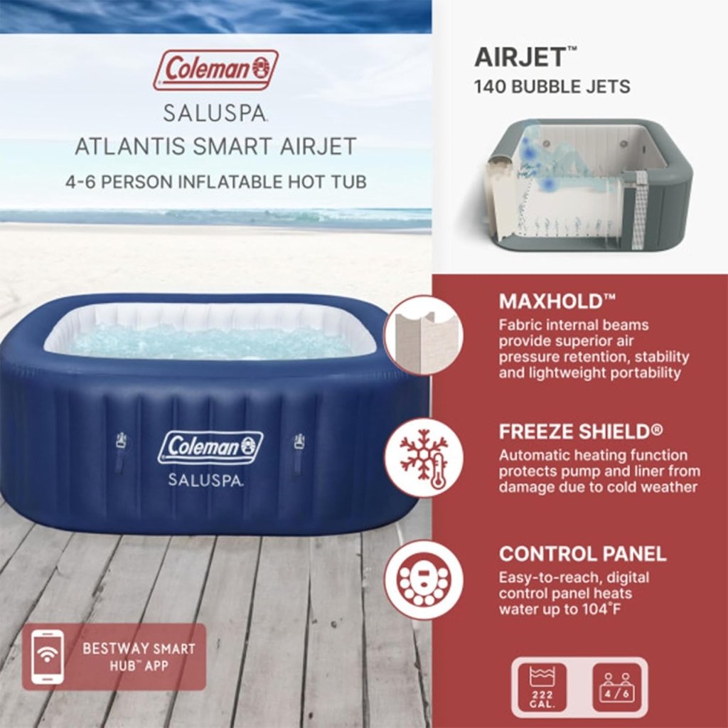 Coleman SaluSpa Atlantis AirJet 4 to 6 Person Inflatable Hot Tub Square Portable Outdoor Spa with 140 Soothing Jets with Cover, Blue - Wigtrends