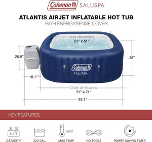 Coleman SaluSpa Atlantis AirJet 4 to 6 Person Inflatable Hot Tub Square Portable Outdoor Spa with 140 Soothing Jets with Cover, Blue - Wigtrends