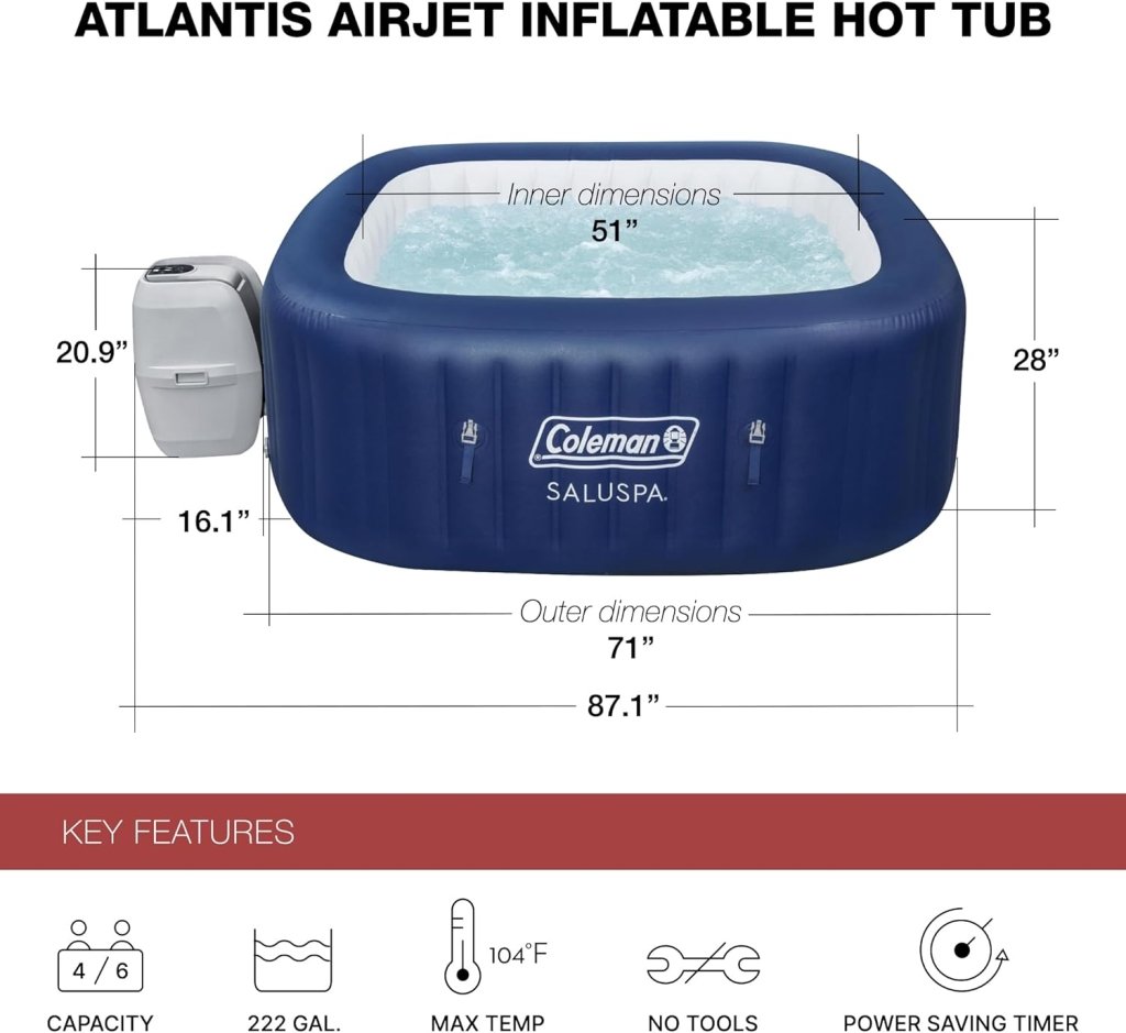 Coleman SaluSpa Atlantis AirJet 4 to 6 Person Inflatable Hot Tub Square Portable Outdoor Spa with 140 Soothing Jets with Cover, Blue - Wigtrends
