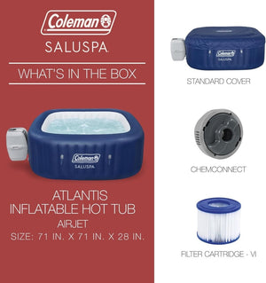 Coleman SaluSpa Atlantis AirJet 4 to 6 Person Inflatable Hot Tub Square Portable Outdoor Spa with 140 Soothing Jets with Cover, Blue - Wigtrends