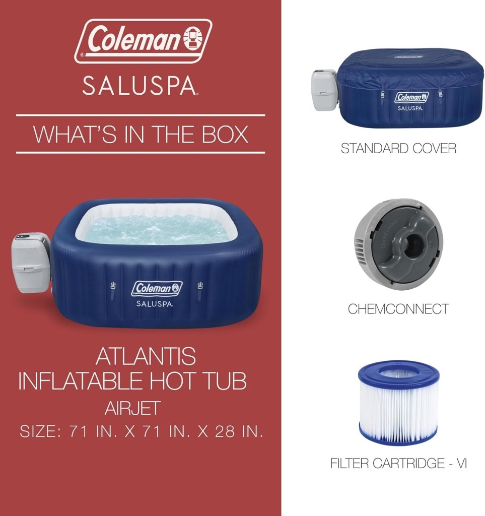 Coleman SaluSpa Atlantis AirJet 4 to 6 Person Inflatable Hot Tub Square Portable Outdoor Spa with 140 Soothing Jets with Cover, Blue - Wigtrends