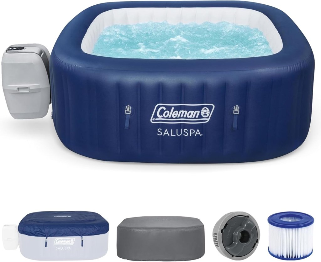 Coleman SaluSpa Atlantis AirJet 4 to 6 Person Inflatable Hot Tub Square Portable Outdoor Spa with 140 Soothing Jets with Cover, Blue - Wigtrends