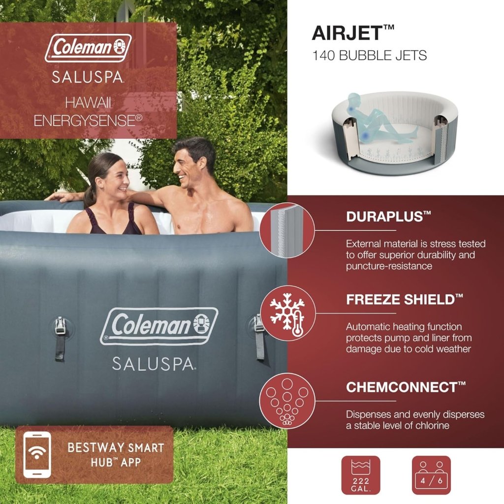 Coleman SaluSpa Atlantis AirJet 4 to 6 Person Inflatable Hot Tub Square Portable Outdoor Spa with 140 Soothing Jets with Cover, Blue - Wigtrends