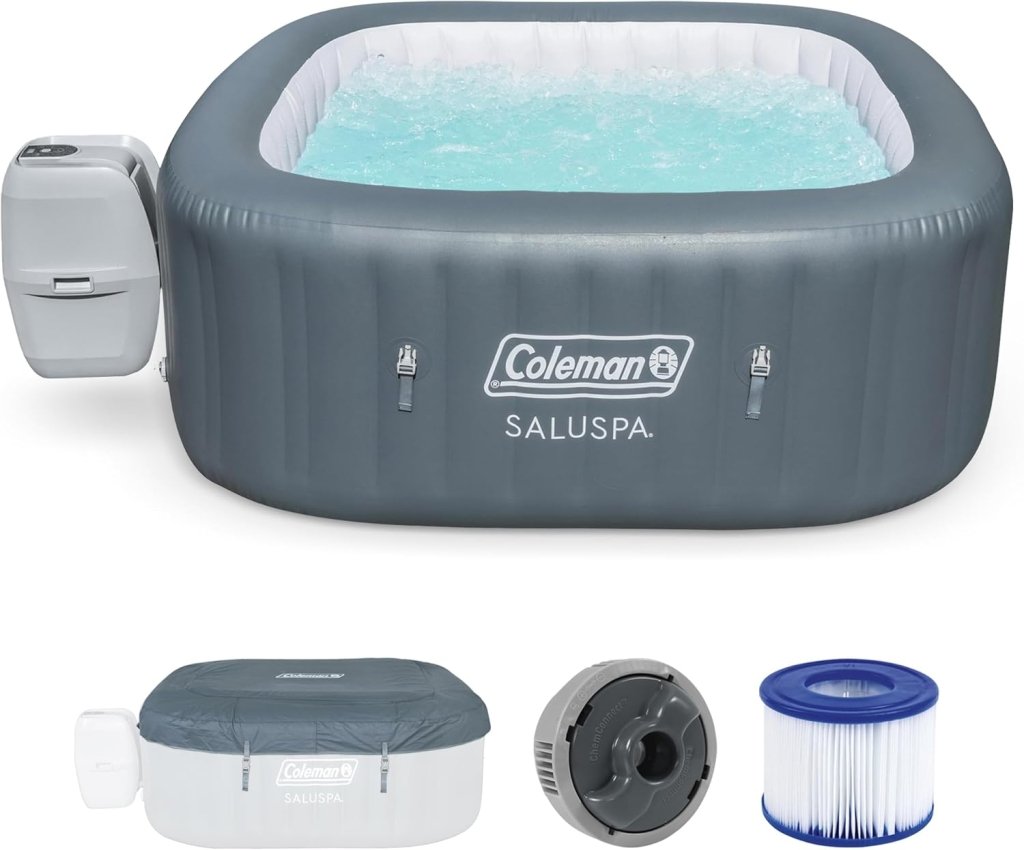 Coleman SaluSpa Atlantis AirJet 4 to 6 Person Inflatable Hot Tub Square Portable Outdoor Spa with 140 Soothing Jets with Cover, Blue - Wigtrends
