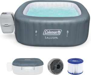 Coleman SaluSpa Atlantis AirJet 4 to 6 Person Inflatable Hot Tub Square Portable Outdoor Spa with 140 Soothing Jets with Cover, Blue - Wigtrends
