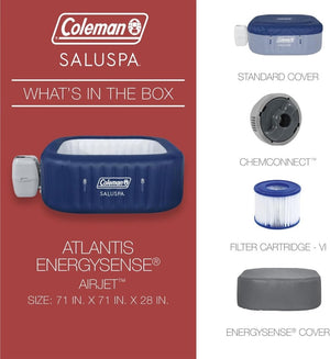 Coleman SaluSpa Atlantis AirJet 4 to 6 Person Inflatable Hot Tub Square Portable Outdoor Spa with 140 Soothing Jets with Cover, Blue - Wigtrends