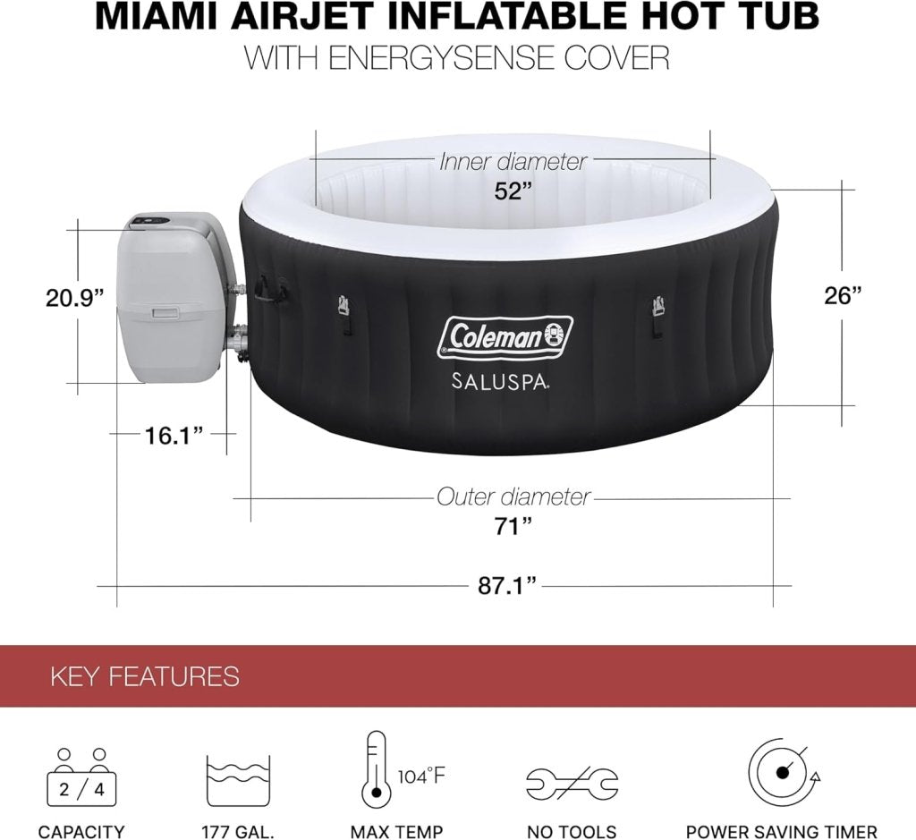 Coleman SaluSpa Miami AirJet 2 to 4 Person Round Inflatable Hot Tub Portable Outdoor Spa with 120 Soothing AirJets and Insulated Cover, Black - Wigtrends
