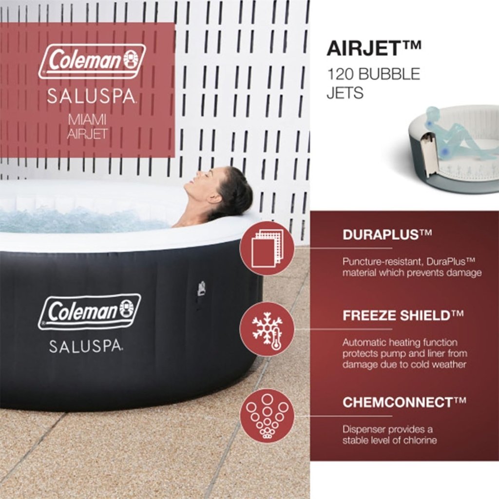 Coleman SaluSpa Miami AirJet 2 to 4 Person Round Inflatable Hot Tub Portable Outdoor Spa with 120 Soothing AirJets and Insulated Cover, Black - Wigtrends