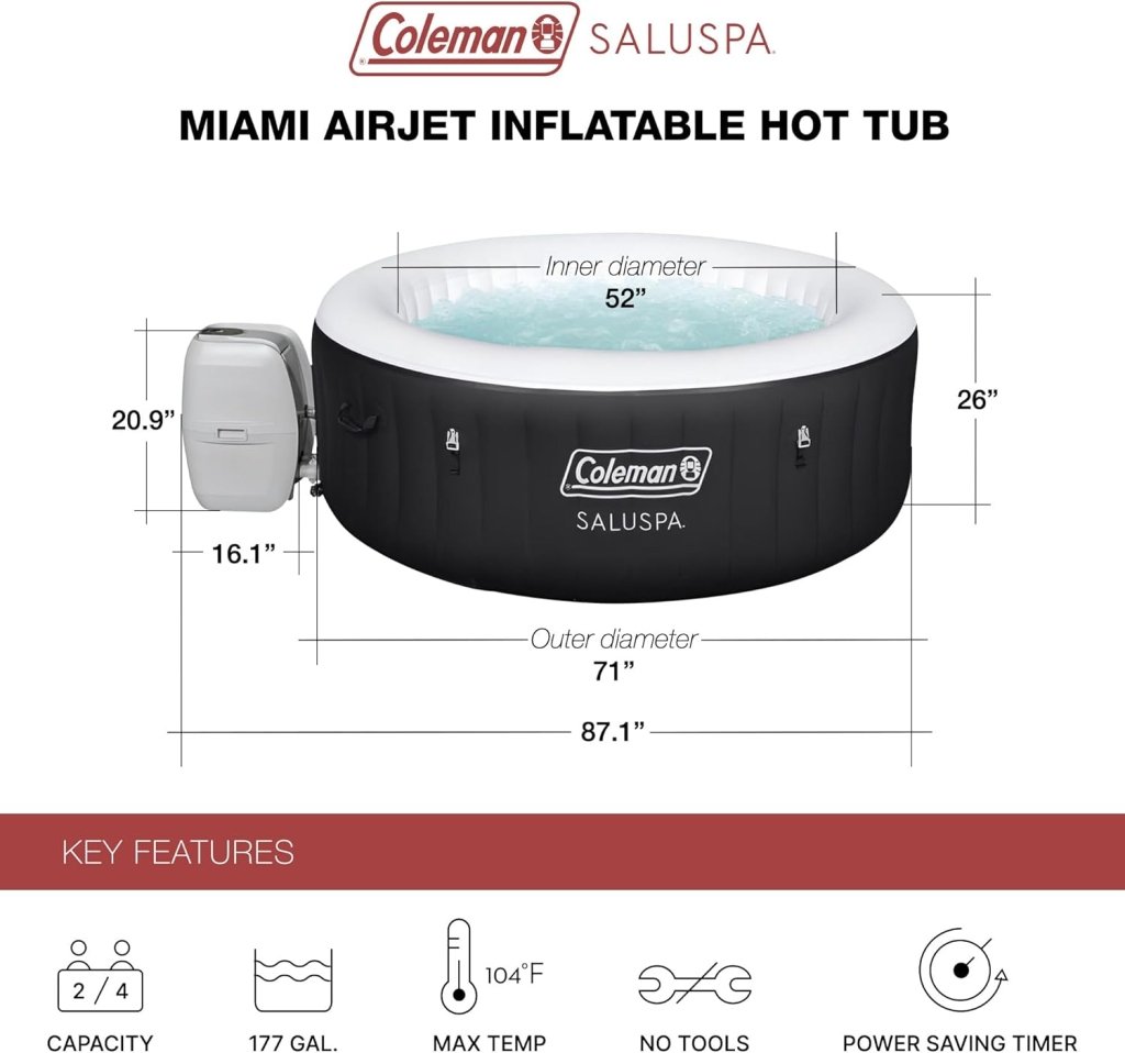Coleman SaluSpa Miami AirJet 2 to 4 Person Round Inflatable Hot Tub Portable Outdoor Spa with 120 Soothing AirJets and Insulated Cover, Black - Wigtrends