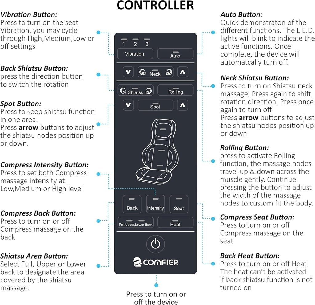 COMFIER Massager Chair with Heat Shiatsu Neck Back Massager Portable with Compress & Rolling Massage Chair Pad for Full Back Neck & Shoulders Full Body Pain - Wigtrends