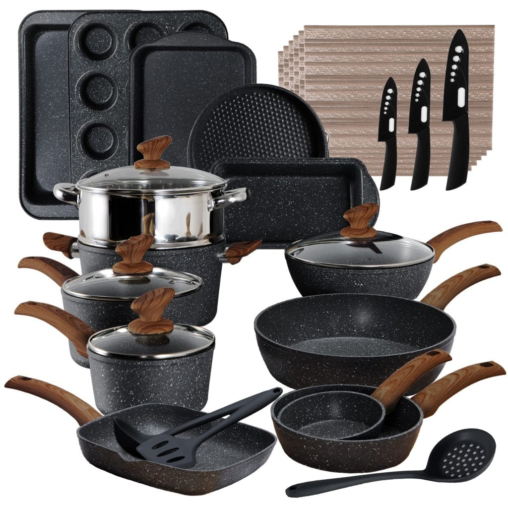 Cookware Set - 17 Piece Non - stick Cooking Pan Set, Black Granite Pots and Pans Set - Wigtrends