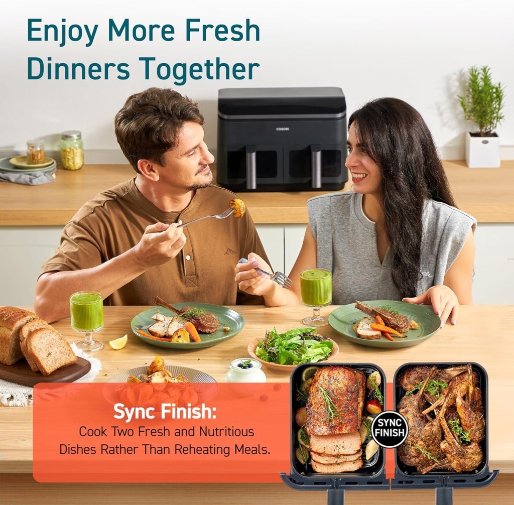 COSORI 9Qt 10 - in - 1 Dual Air Fryer, Fresh Balanced Meals for Family and Children with Double Baskets, Sync Cook & Finish to Bake, Roast, Reheat, Broil & 130 Recipes for Easy Cooking, Dishwasher Safe - Wigtrends