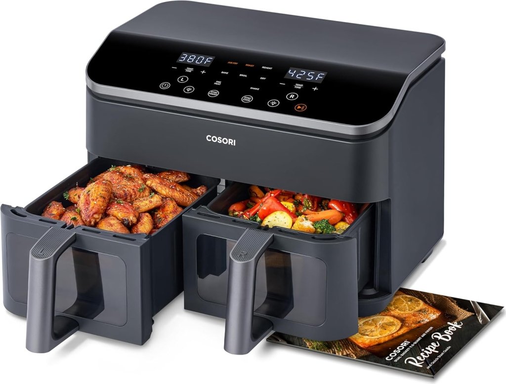 COSORI 9Qt 10 - in - 1 Dual Air Fryer, Fresh Balanced Meals for Family and Children with Double Baskets, Sync Cook & Finish to Bake, Roast, Reheat, Broil & 130 Recipes for Easy Cooking, Dishwasher Safe - Wigtrends
