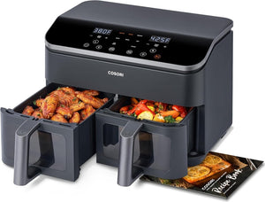 COSORI 9Qt 10 - in - 1 Dual Air Fryer, Fresh Balanced Meals for Family and Children with Double Baskets, Sync Cook & Finish to Bake, Roast, Reheat, Broil & 130 Recipes for Easy Cooking, Dishwasher Safe - Wigtrends
