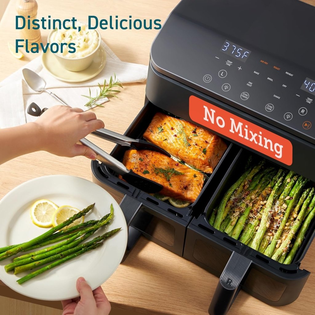 COSORI 9Qt 10 - in - 1 Dual Air Fryer, Fresh Balanced Meals for Family and Children with Double Baskets, Sync Cook & Finish to Bake, Roast, Reheat, Broil & 130 Recipes for Easy Cooking, Dishwasher Safe - Wigtrends
