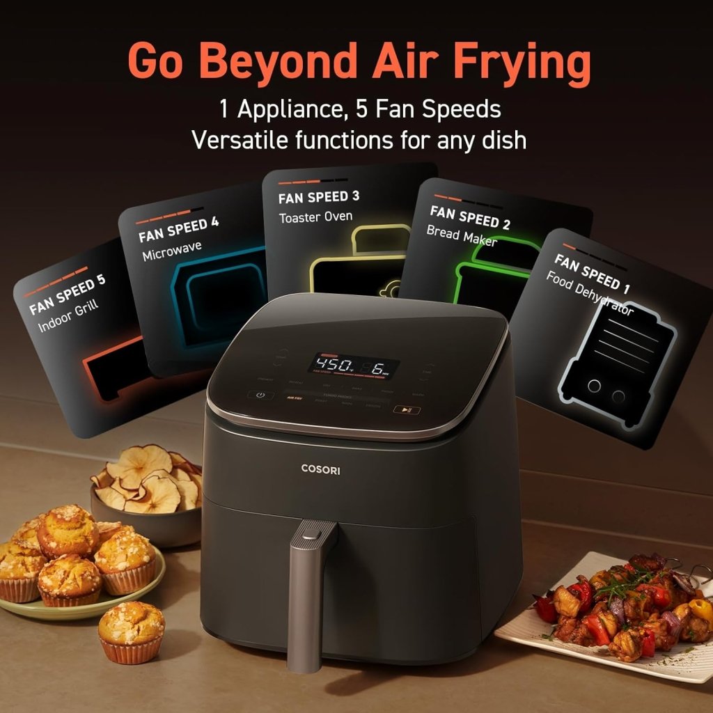 COSORI Air Fryer 9 - in - 1, Compact & Large 6 - Qt, Fast Turbo Modes, 90–450°F Precise Heat for Even Results, Up to 95% Less Oil*, Roast, Bake, Dry, Reheat, Frozen, Broil, Proof, 120V, TurboBlaze, Grey - Wigtrends