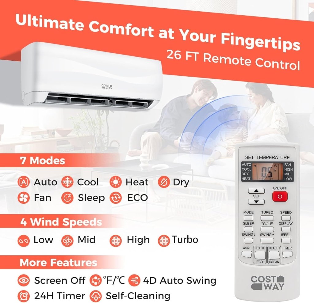 COSTWAY 12000BTU Mini Split Air Conditioner& Heater, 20 SEER2 115V Wall - Mounted Ductless AC Unit Cools Rooms up to 750 Sq. Ft, Energy Efficient Inverter AC with Heat Pump (Blast Series) - Wigtrends