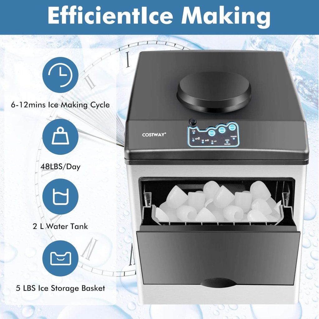 COSTWAY Countertop Ice Maker with Water Dispenser, 3 Sizes Bullet Shaped Ice, 48lbs/Day, Fast Ready in 6 Minutes, Ice Machine with Cold Water for Home Bar Kitchen Office - Wigtrends