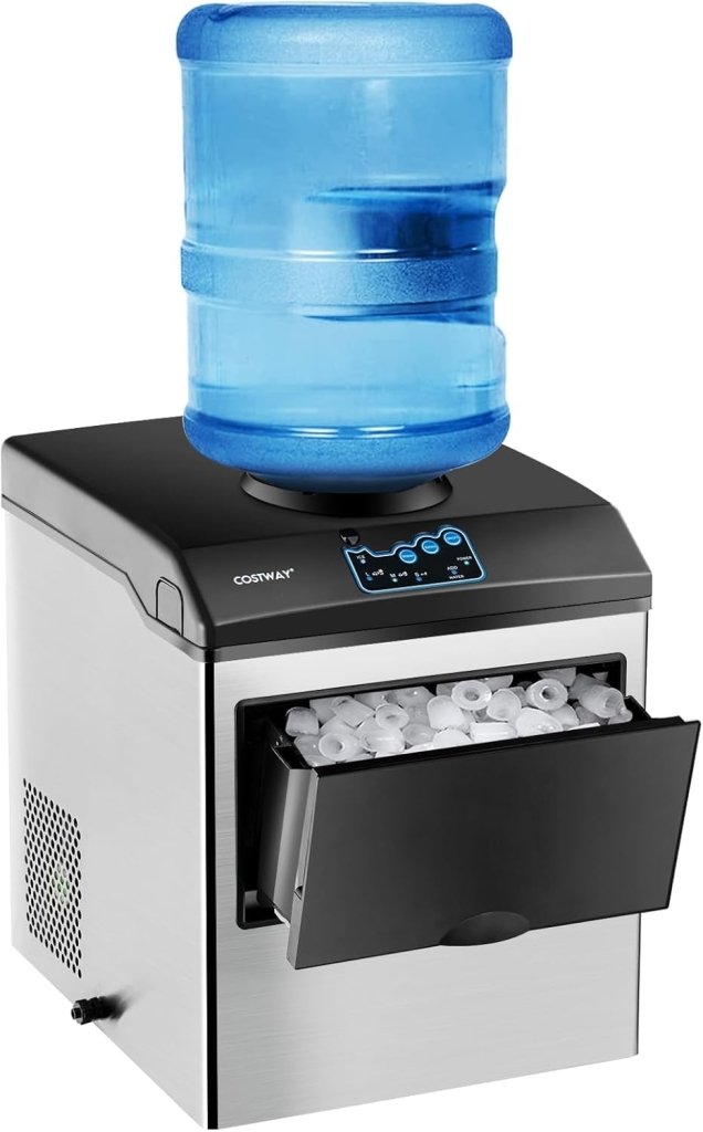 COSTWAY Countertop Ice Maker with Water Dispenser, 3 Sizes Bullet Shaped Ice, 48lbs/Day, Fast Ready in 6 Minutes, Ice Machine with Cold Water for Home Bar Kitchen Office - Wigtrends