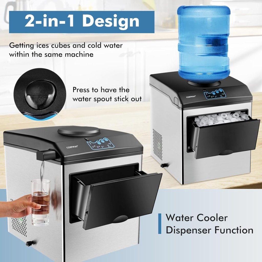 COSTWAY Countertop Ice Maker with Water Dispenser, 3 Sizes Bullet Shaped Ice, 48lbs/Day, Fast Ready in 6 Minutes, Ice Machine with Cold Water for Home Bar Kitchen Office - Wigtrends